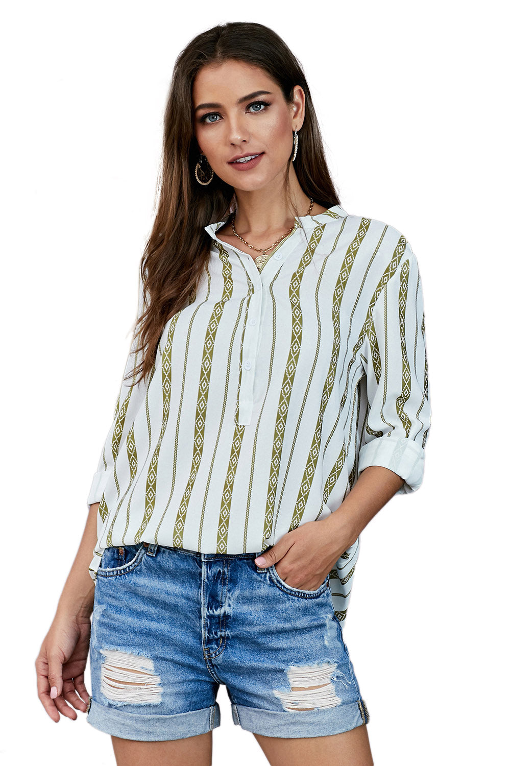 Striped Half-Button Crewneck Top