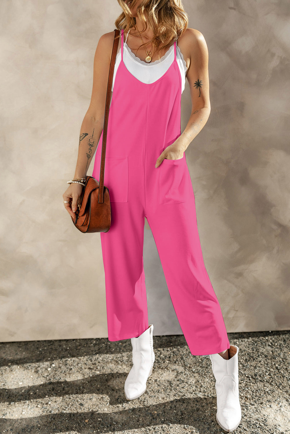 Pocketed Spaghetti Strap Wide Leg Jumpsuit