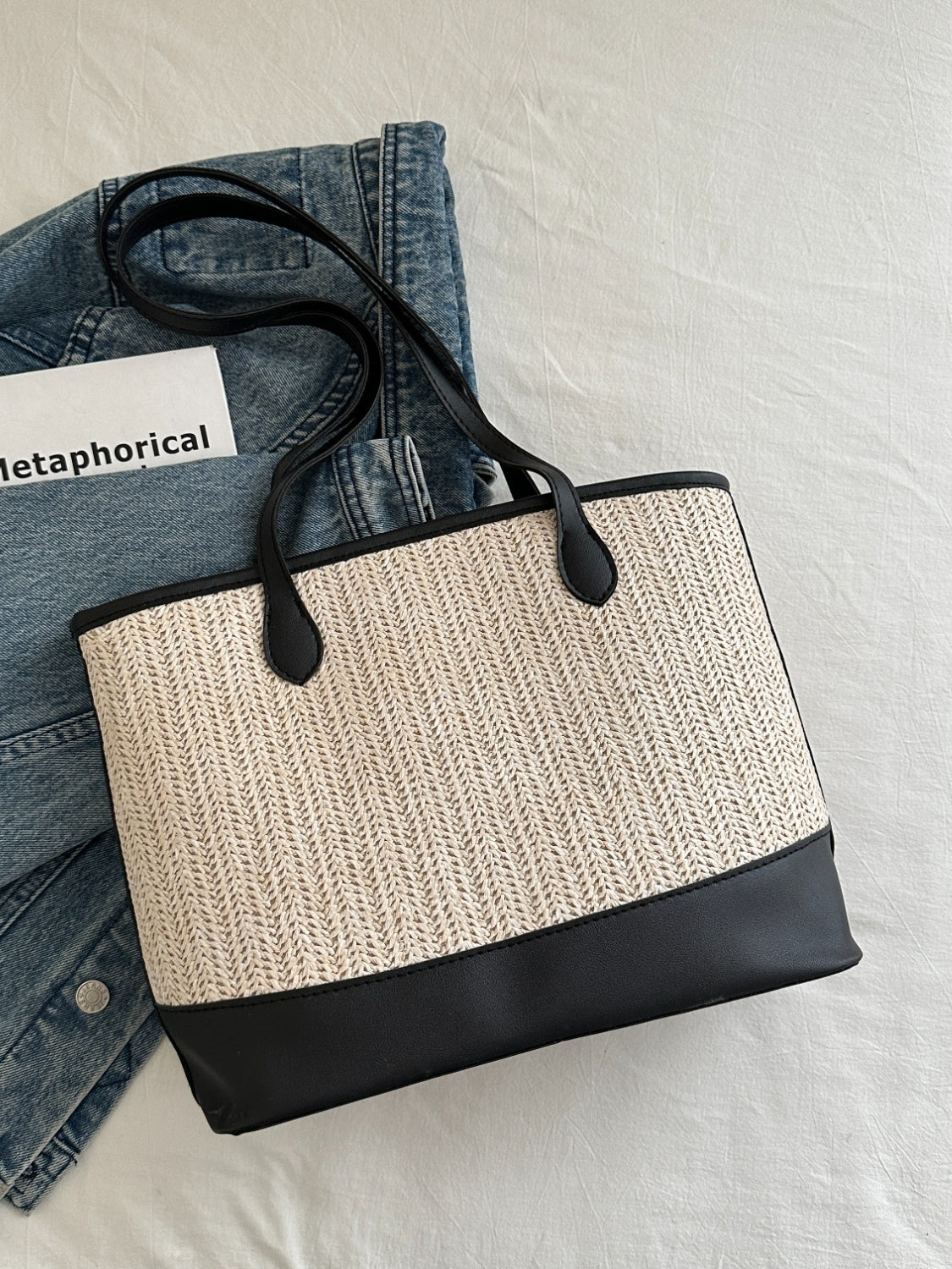 Contrast Straw Woven Tote Bag