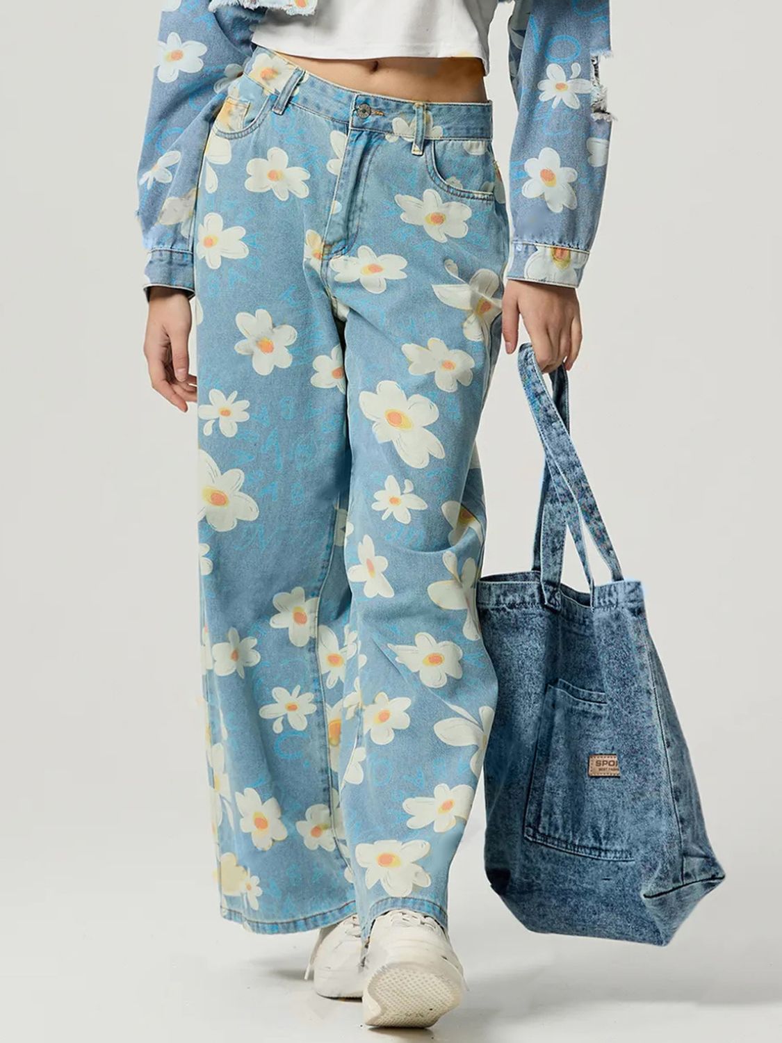 Pocketed Floral Wide Leg Jeans