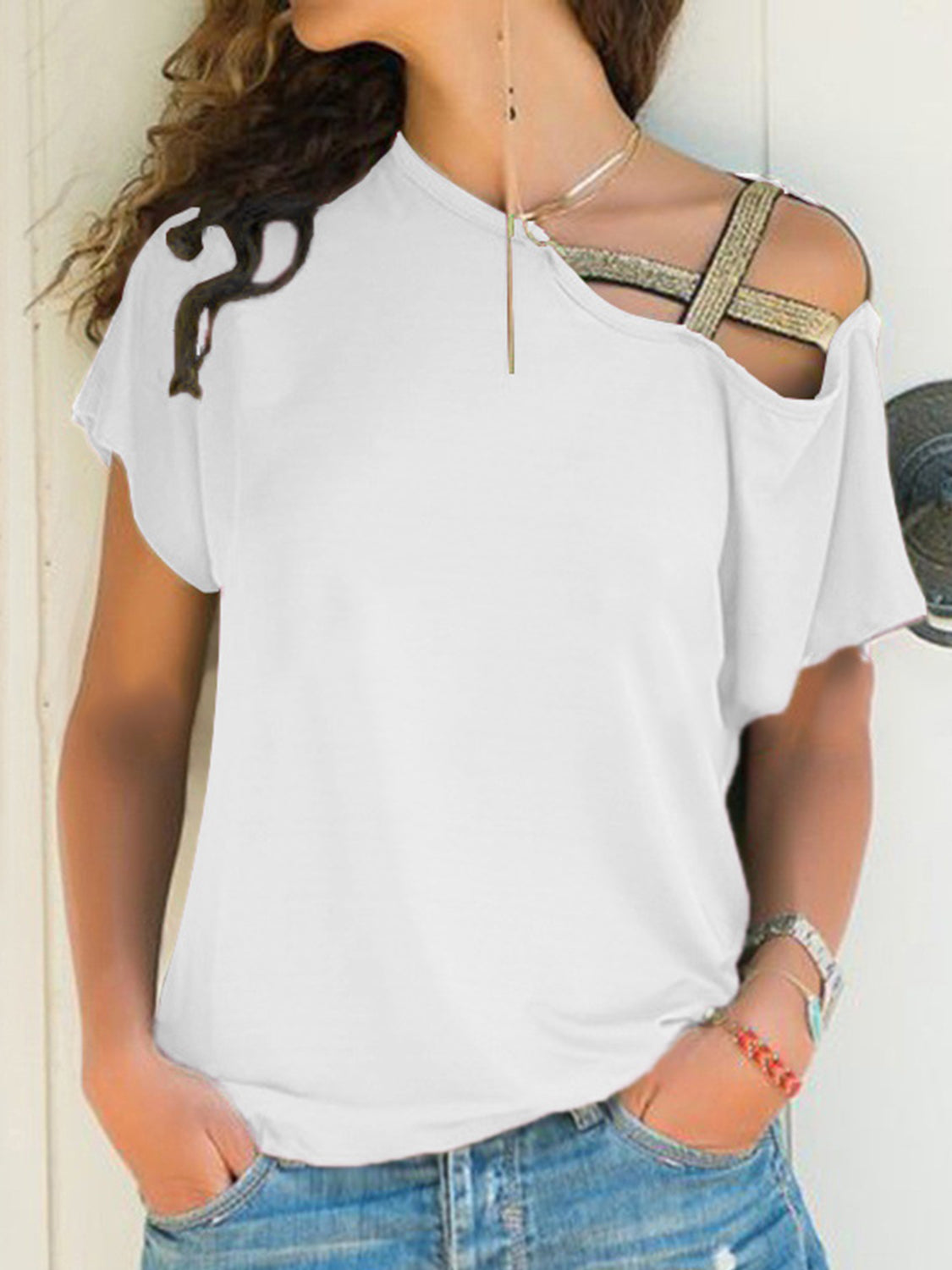 Asymmetrical Neck Short Sleeve T-Shirt