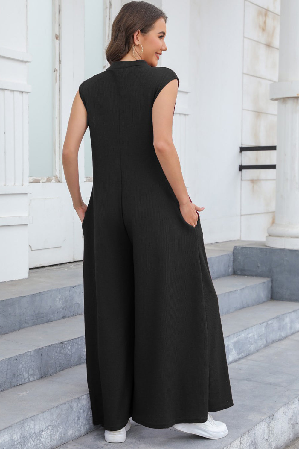 Half Button Wide Leg Jumpsuit with Pockets