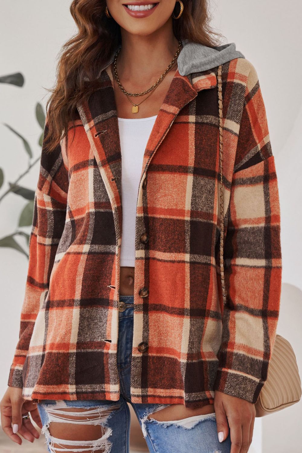 Plaid Button Up Hooded Shacket