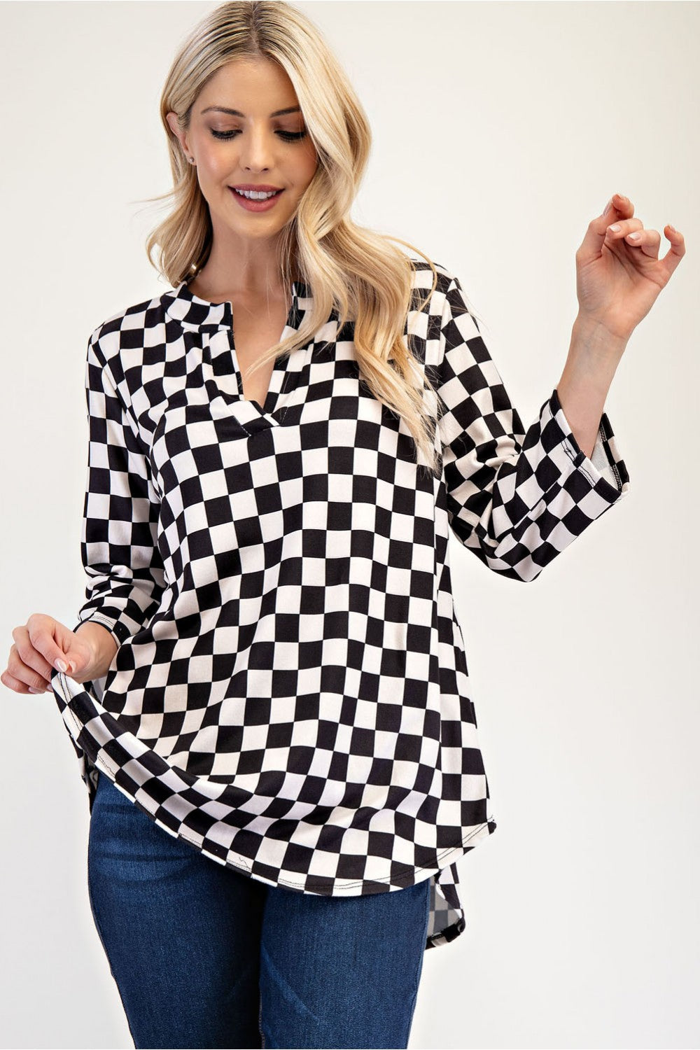 Celeste Full Size Curved Hem Checkered Notched Blouse