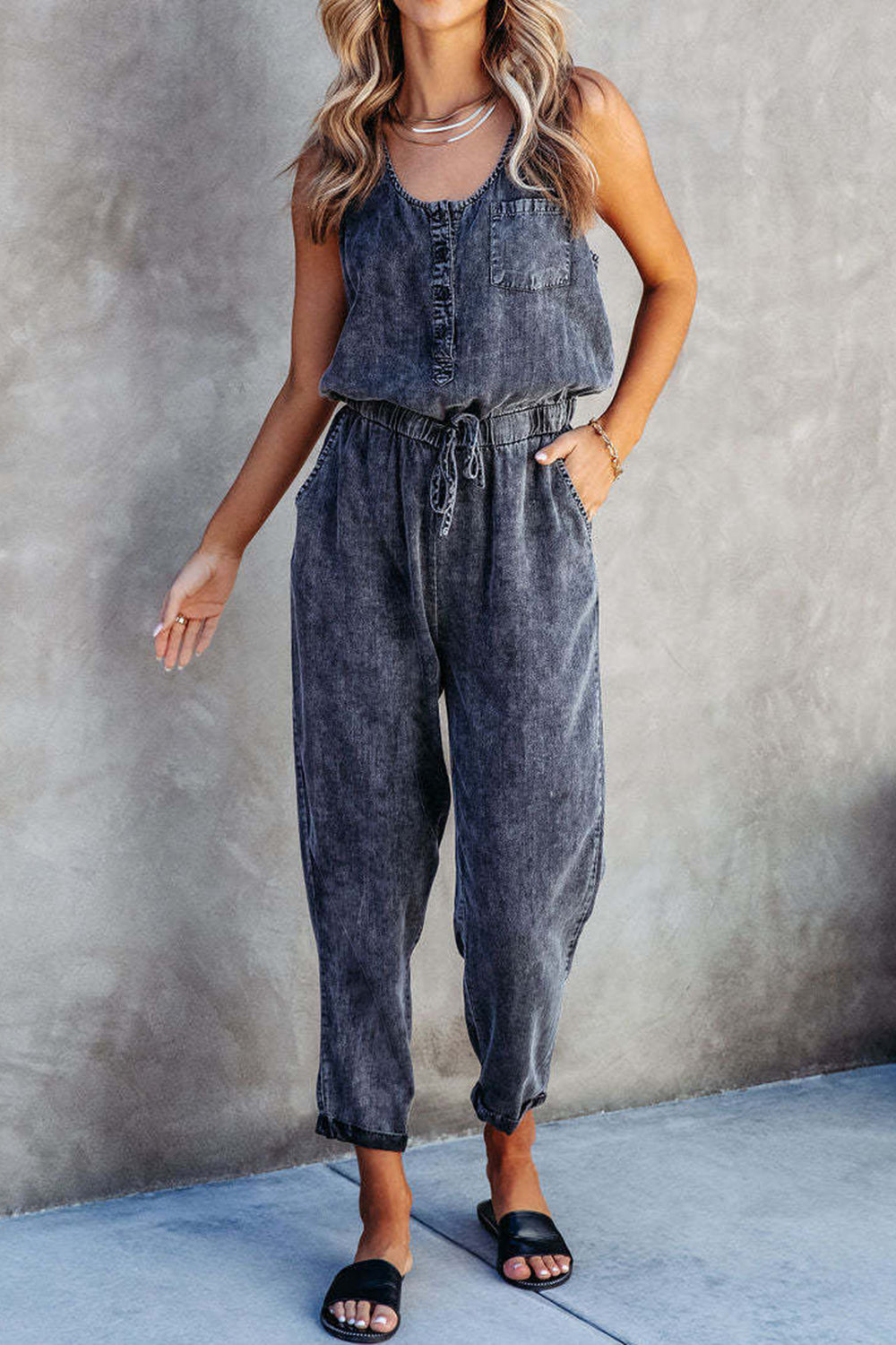 Pocketed Half Button Sleeveless Denim Jumpsuit