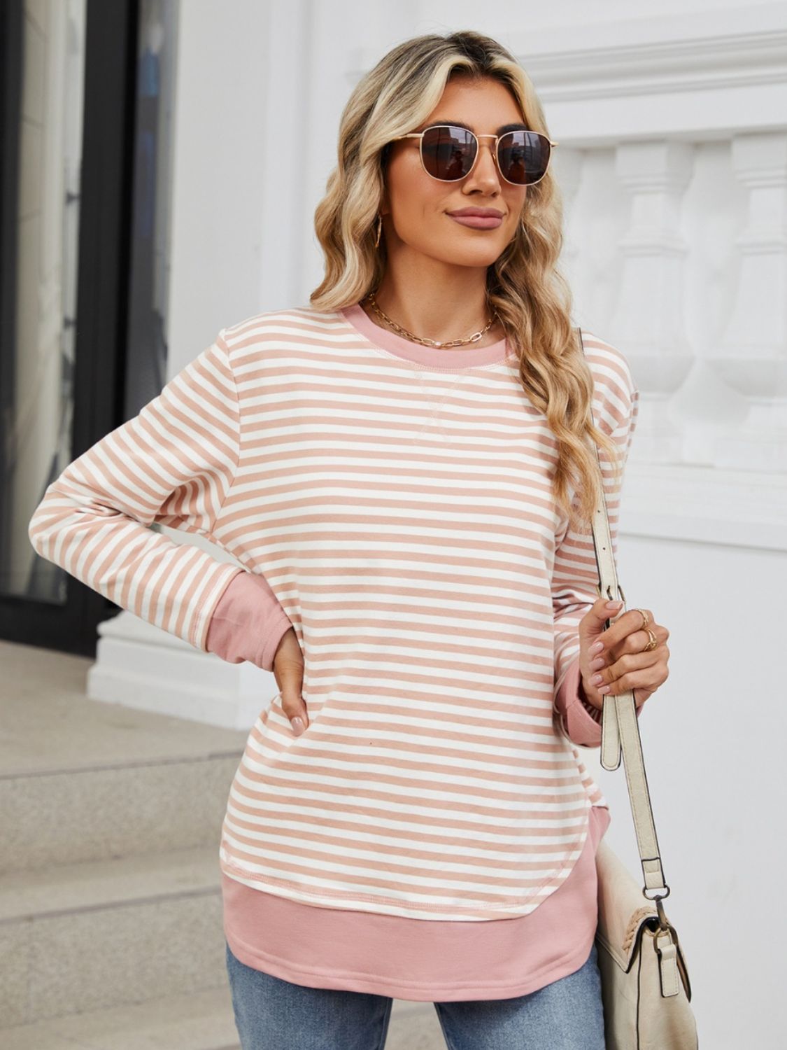 Striped Round Neck Long Sleeve Sweatshirt