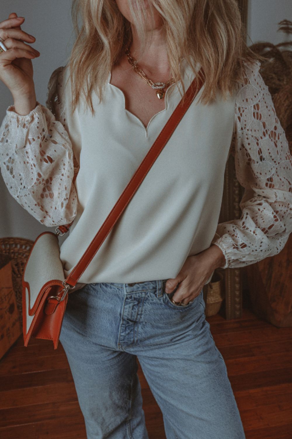 V Neck Lace Balloon Sleeve Blouse