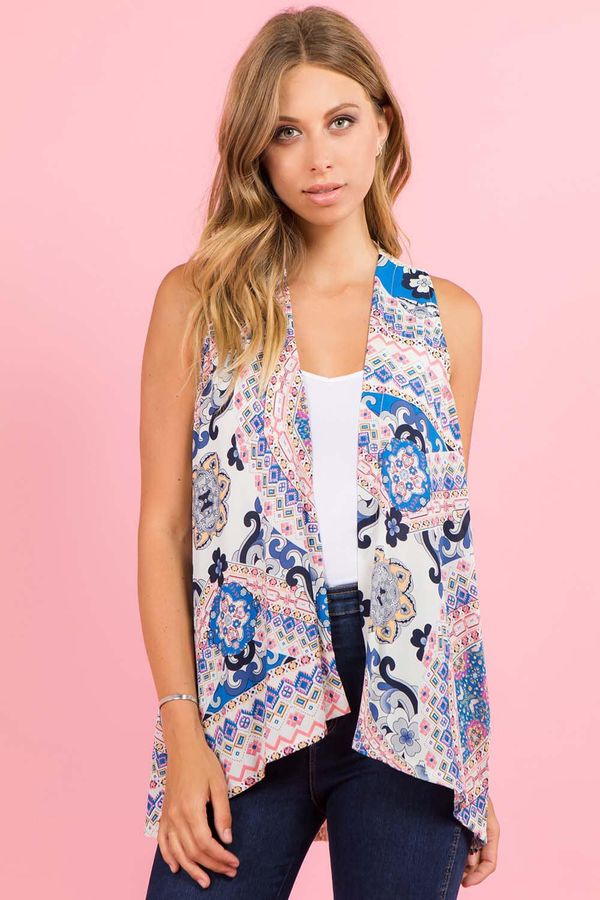 Geometric Print Mixed Fabric Open Vest