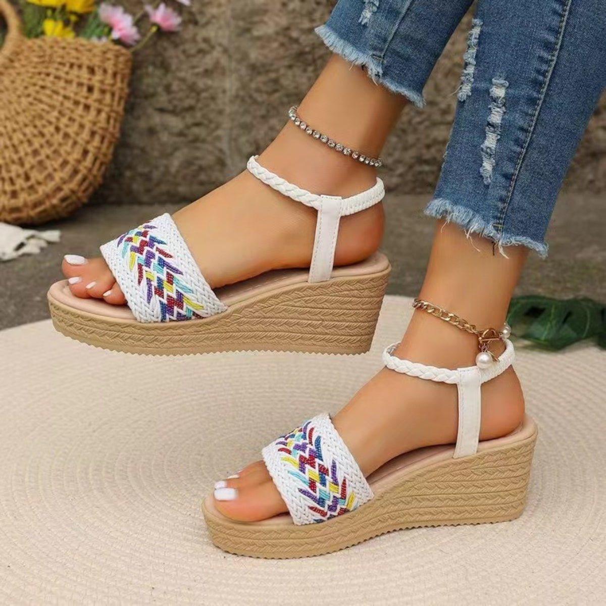 Open Toe Wedge Woven Sandals