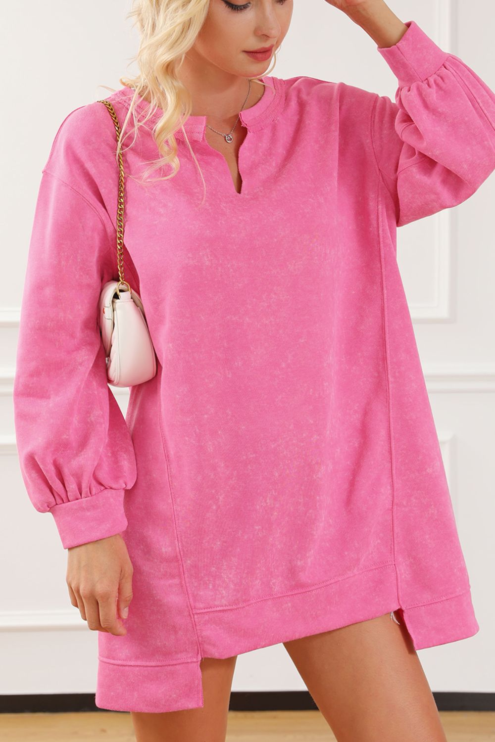 Notched Long Sleeve Oversize Sweatshirt