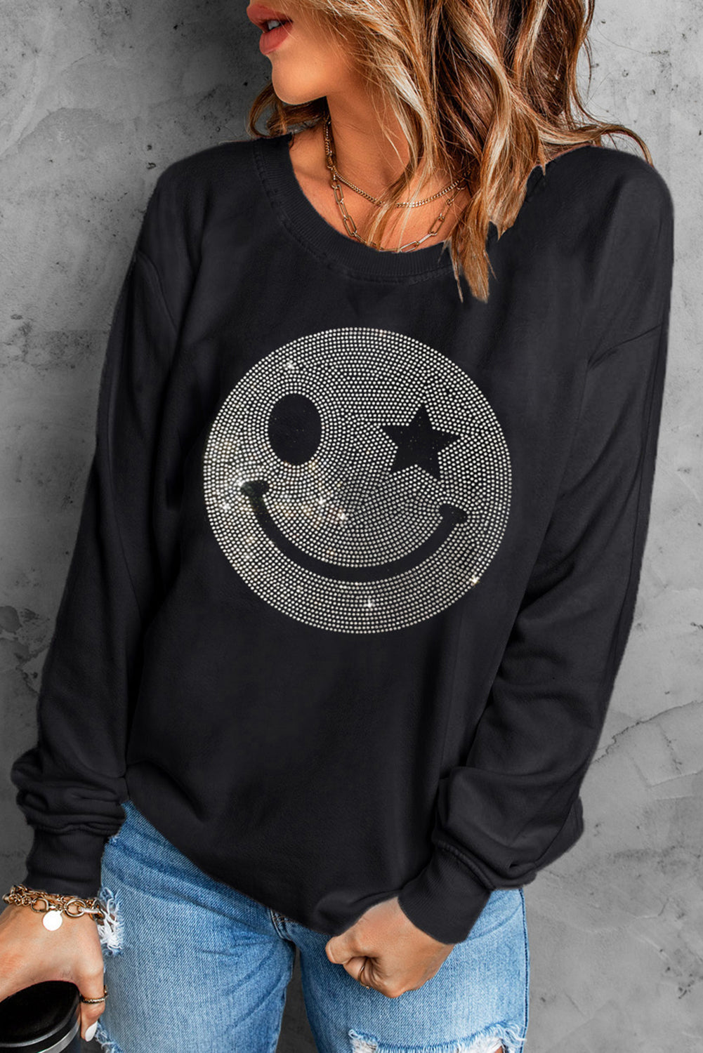 Rhinestone Smile Long Sleeve Sweatshirt