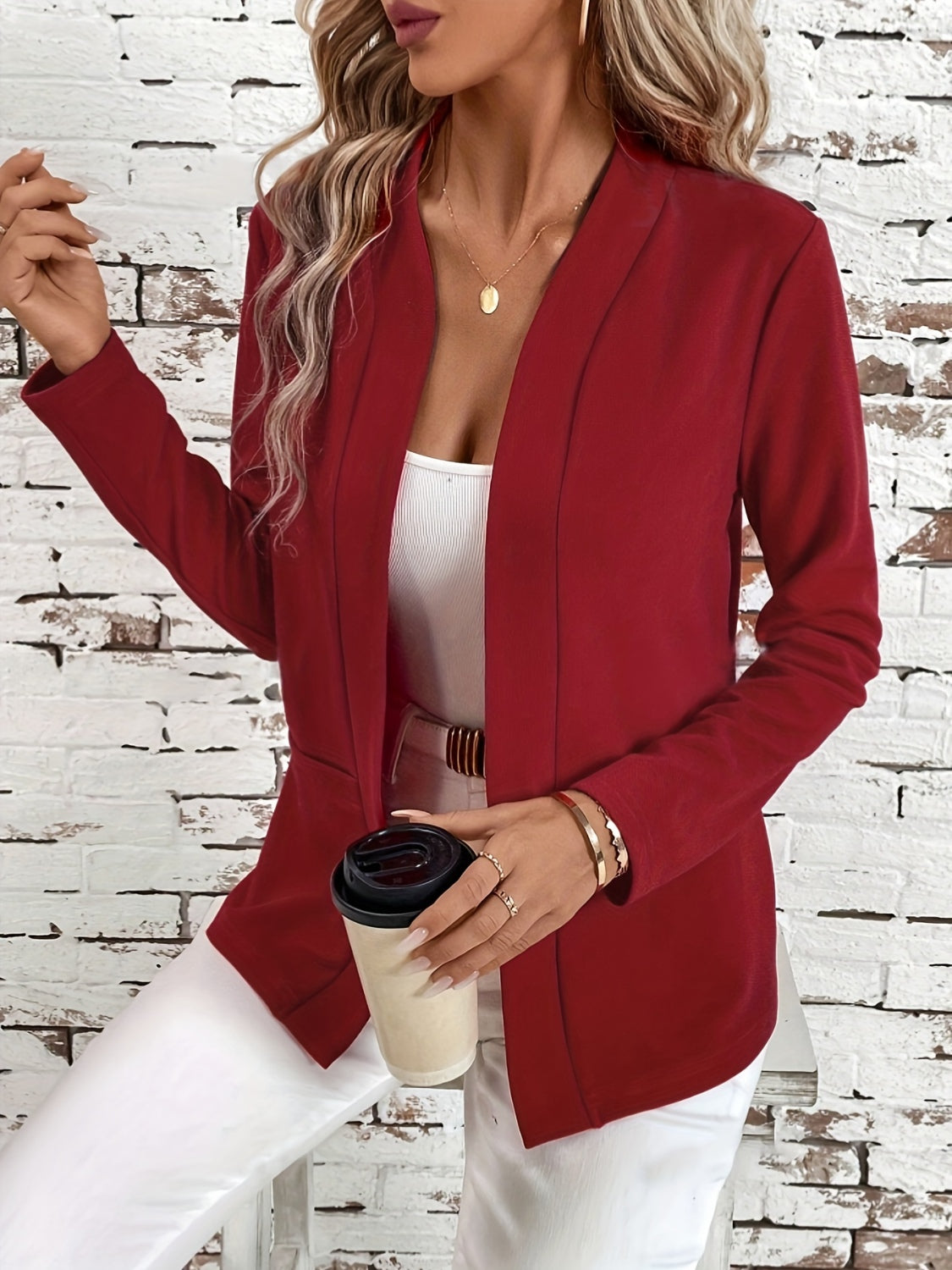 Solid Color Open Front Long Sleeve Cardigan