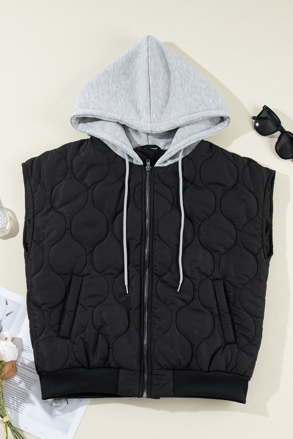 Drawstring Zip Up Hooded Vest Coat