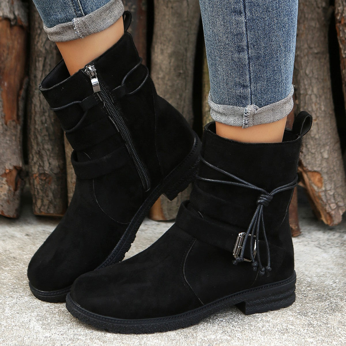 Suede Side Zip Round Toe Boots