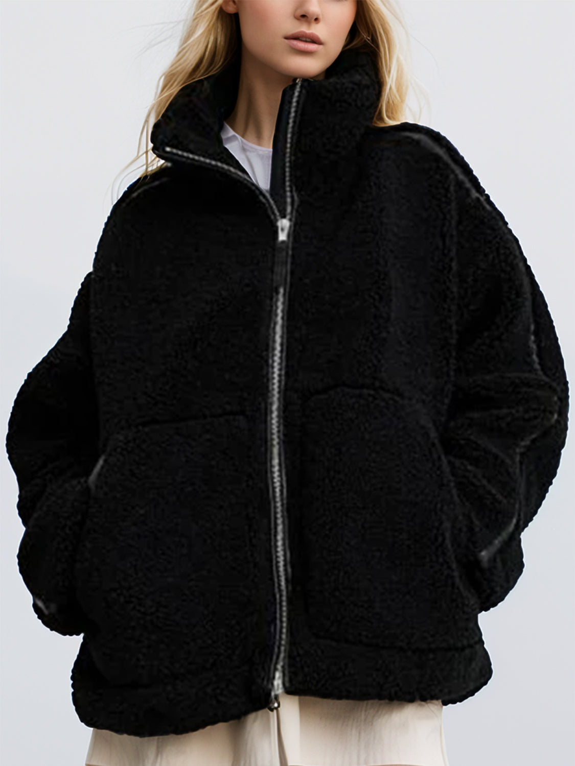 Zip Up Turtleneck Long Sleeve Plush Jacket