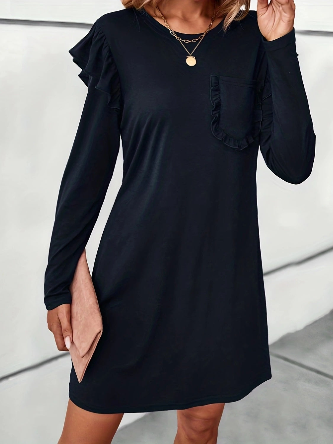 Ruffled Round Neck Long Sleeve Mini Dress