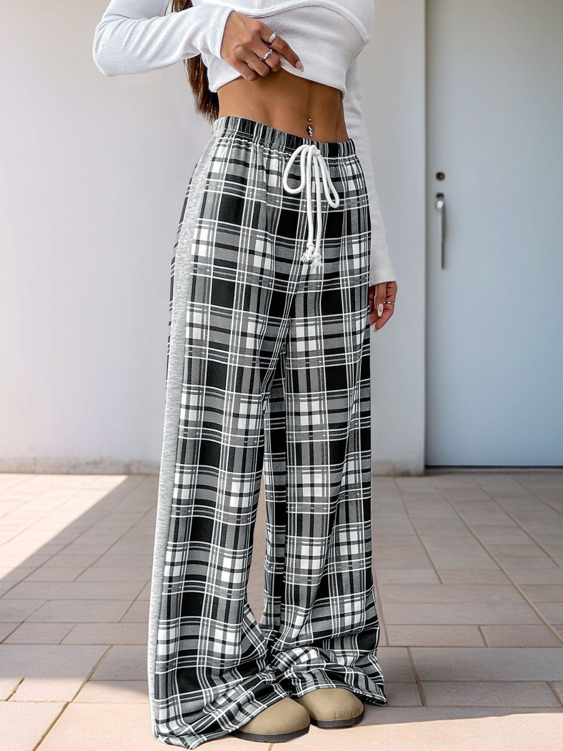 Perfee Drawstring Plaid Wide Leg Pants