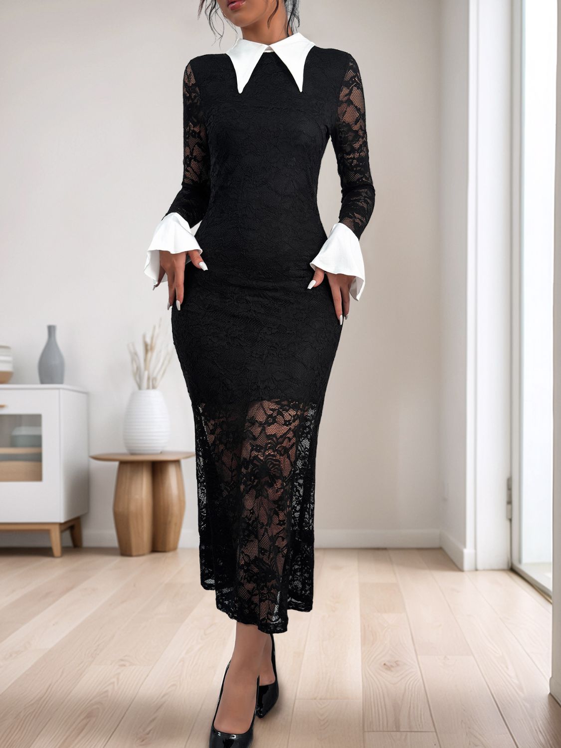 Perfee Lace Contrast Collared Neck Long Sleeve Midi Dress