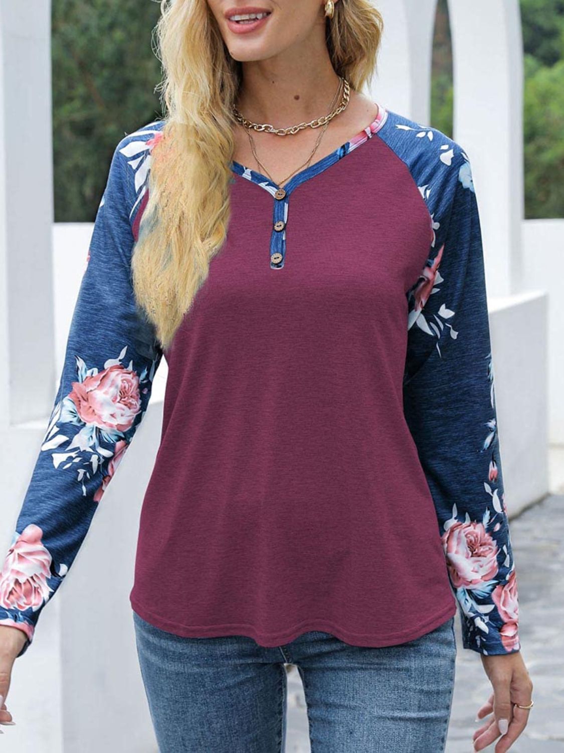 V-Neck Floral Long Sleeve T-Shirt