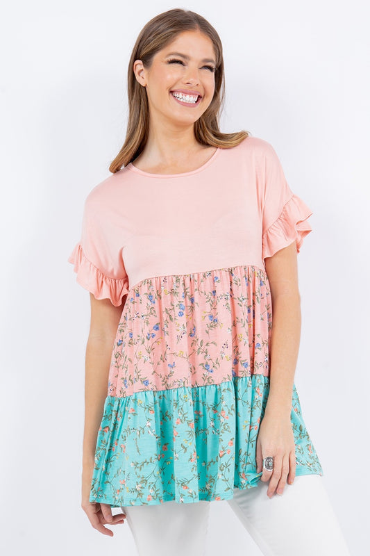 Celeste Full Size Floral Color Block Ruffled Short Sleeve Top