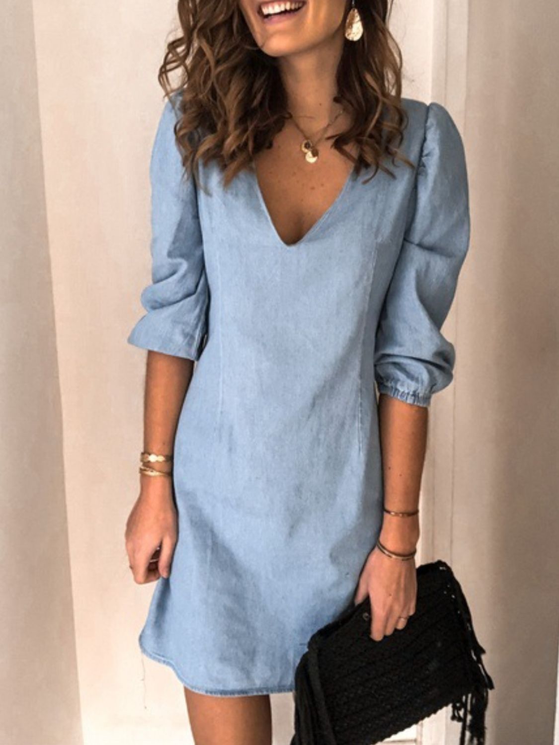 Full Size V-Neck Half Sleeve Denim Dress