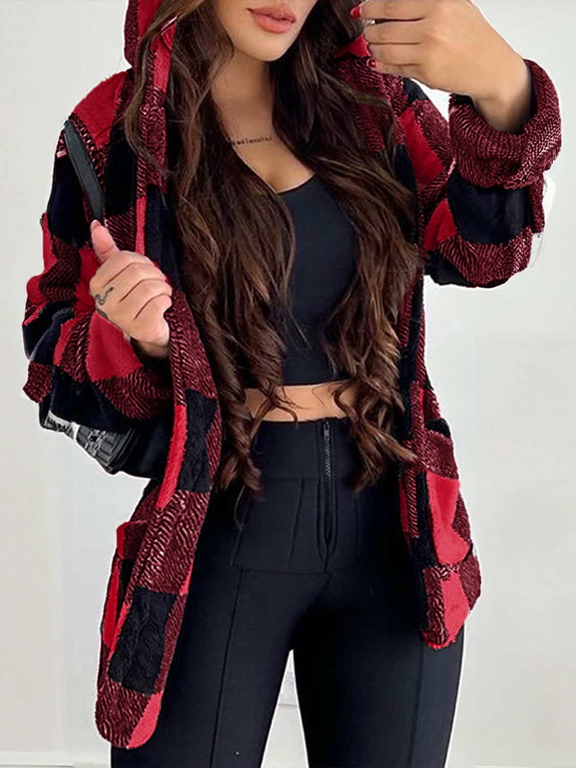 Devine Fuzzy Plaid Open Front Hooded Jacket