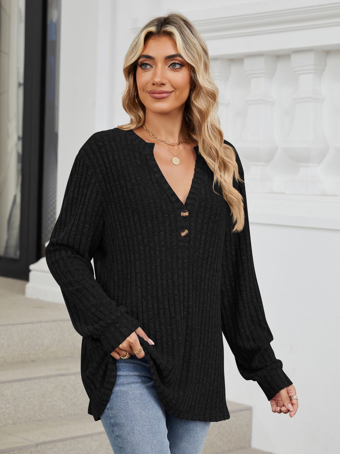 Ribbed Notched Long Sleeve T-Shirt