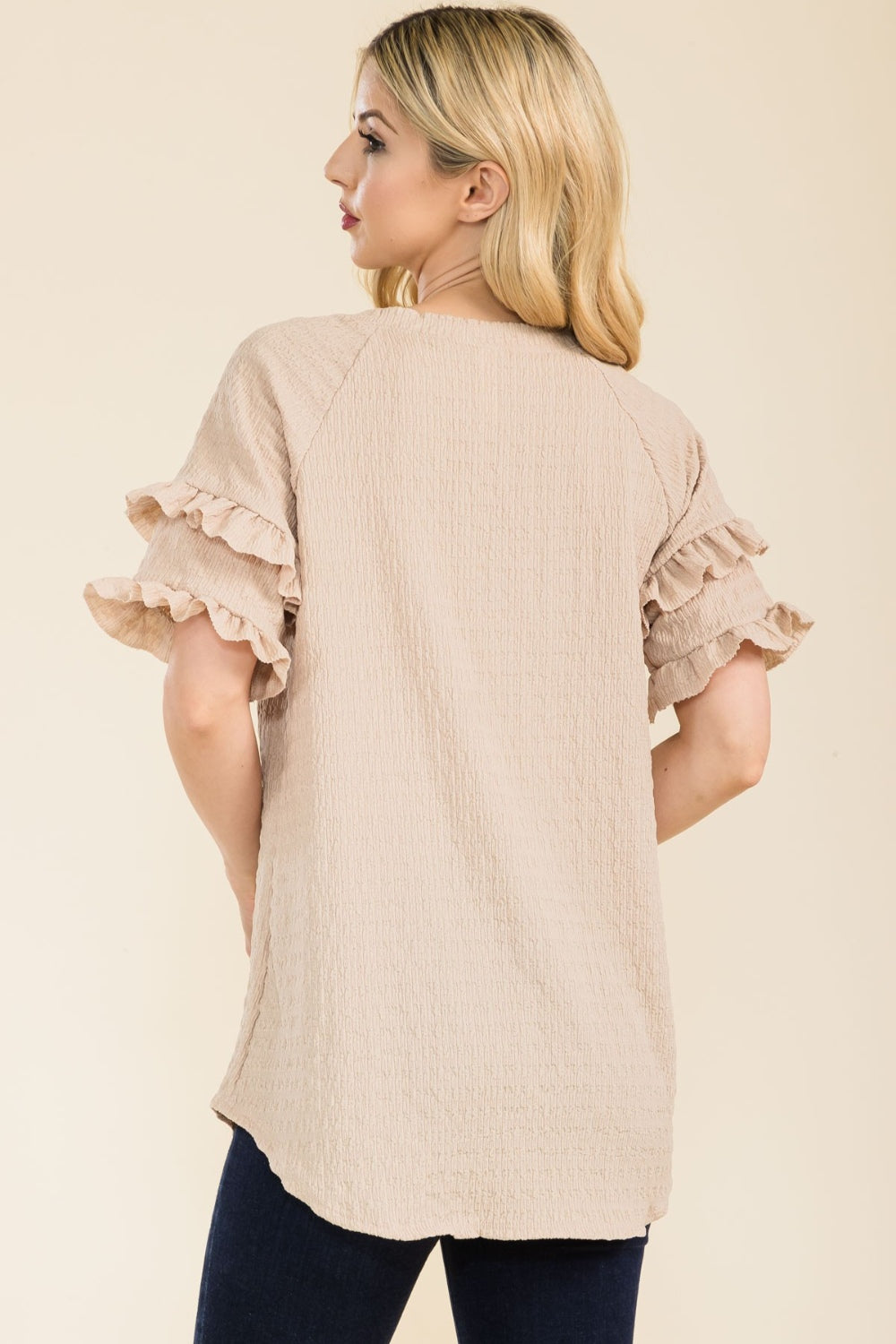 Celeste Full Size Ruffle Short Sleeve Texture Top