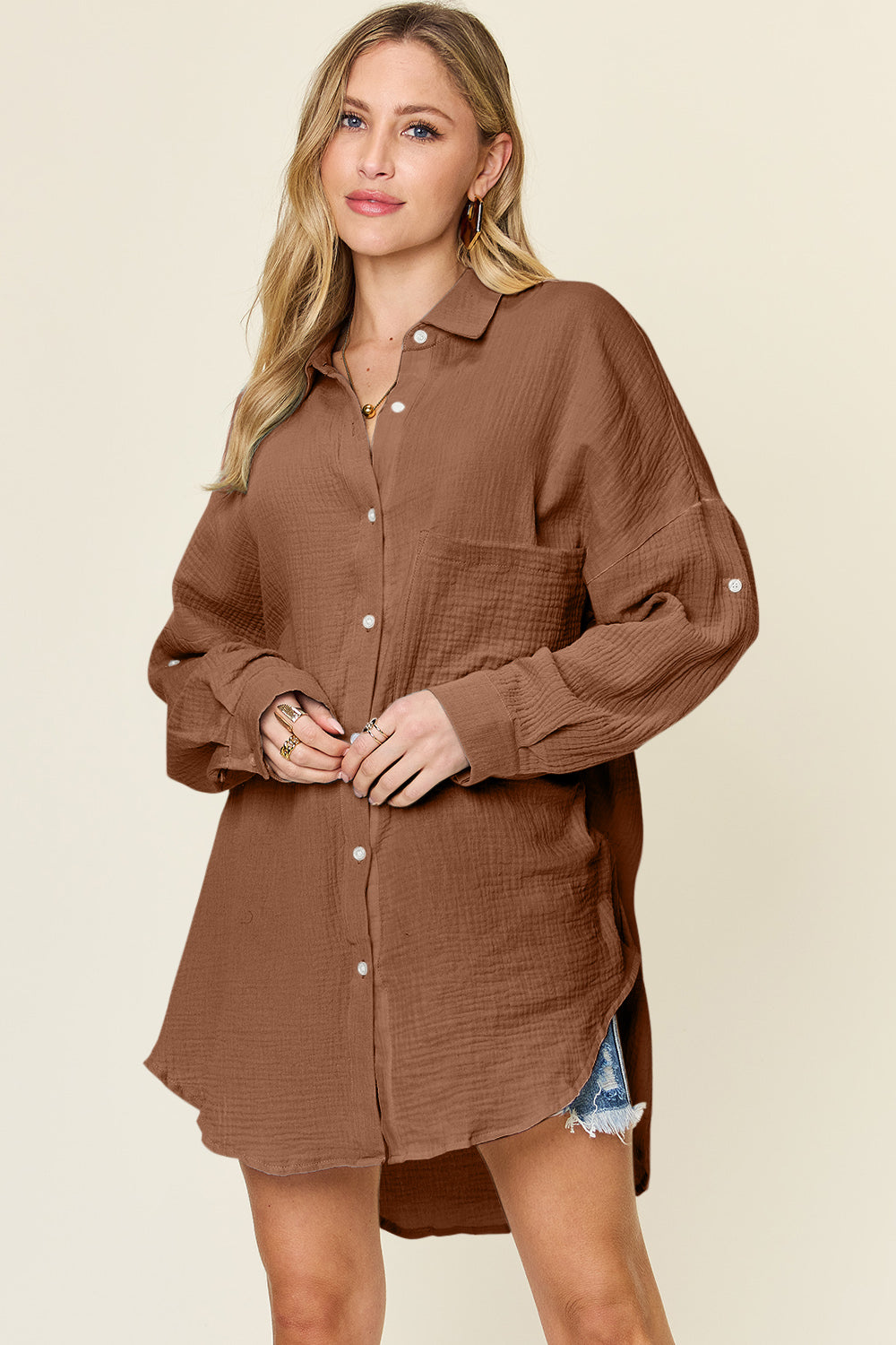 Double Take Full Size Pocketed Texture Button Up Shirt