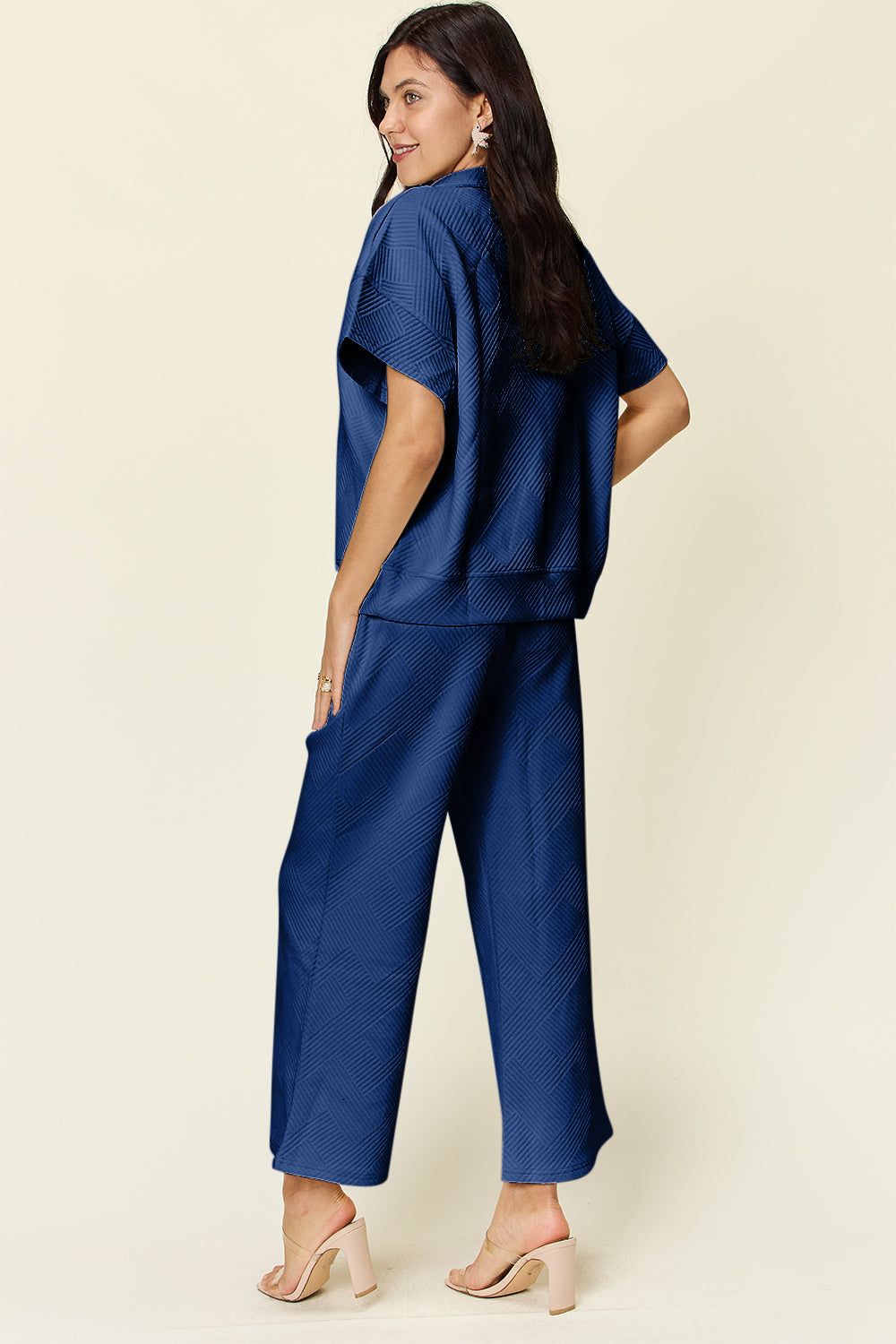 Double Take Full Size Texture Half Zip Short Sleeve Top and Pants Set