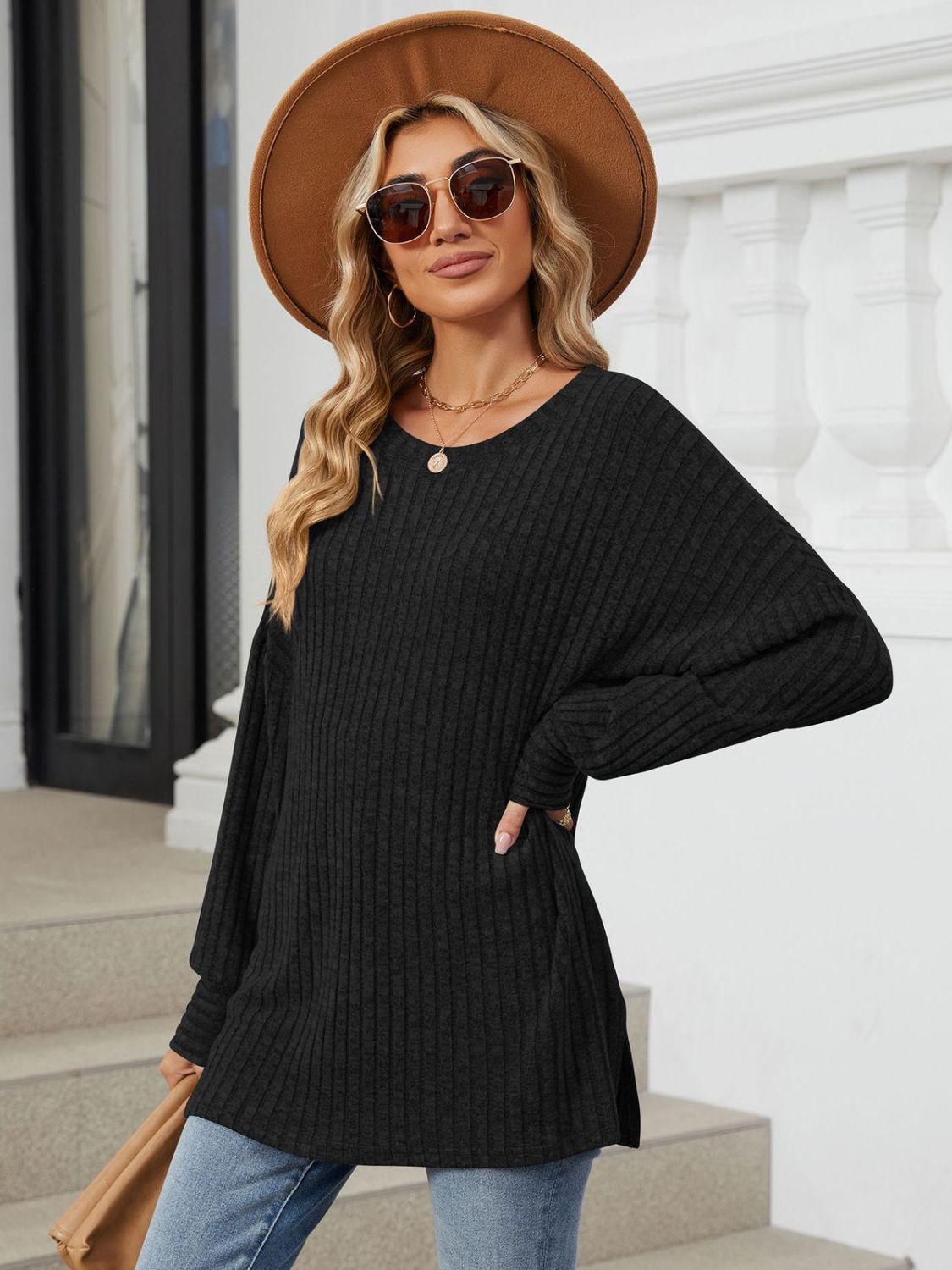 Ribbed Round Neck Long Sleeve T-Shirt