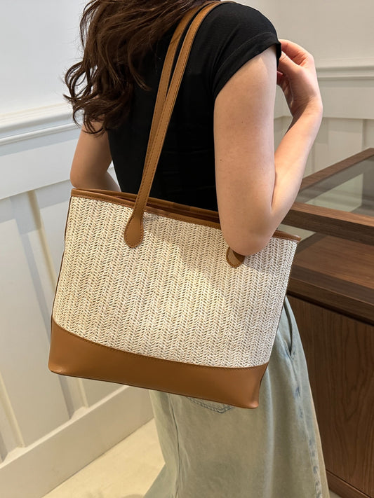 Contrast Straw Woven Tote Bag