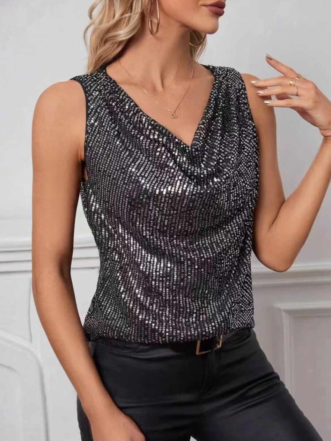 Sequin Cowl Neck Tank