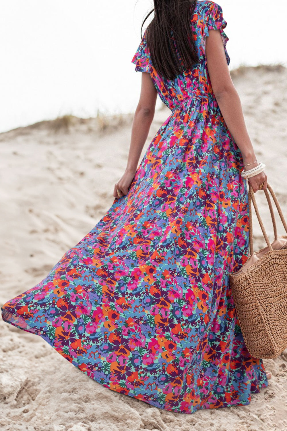 Slit Printed Cap Sleeve Maxi Dress