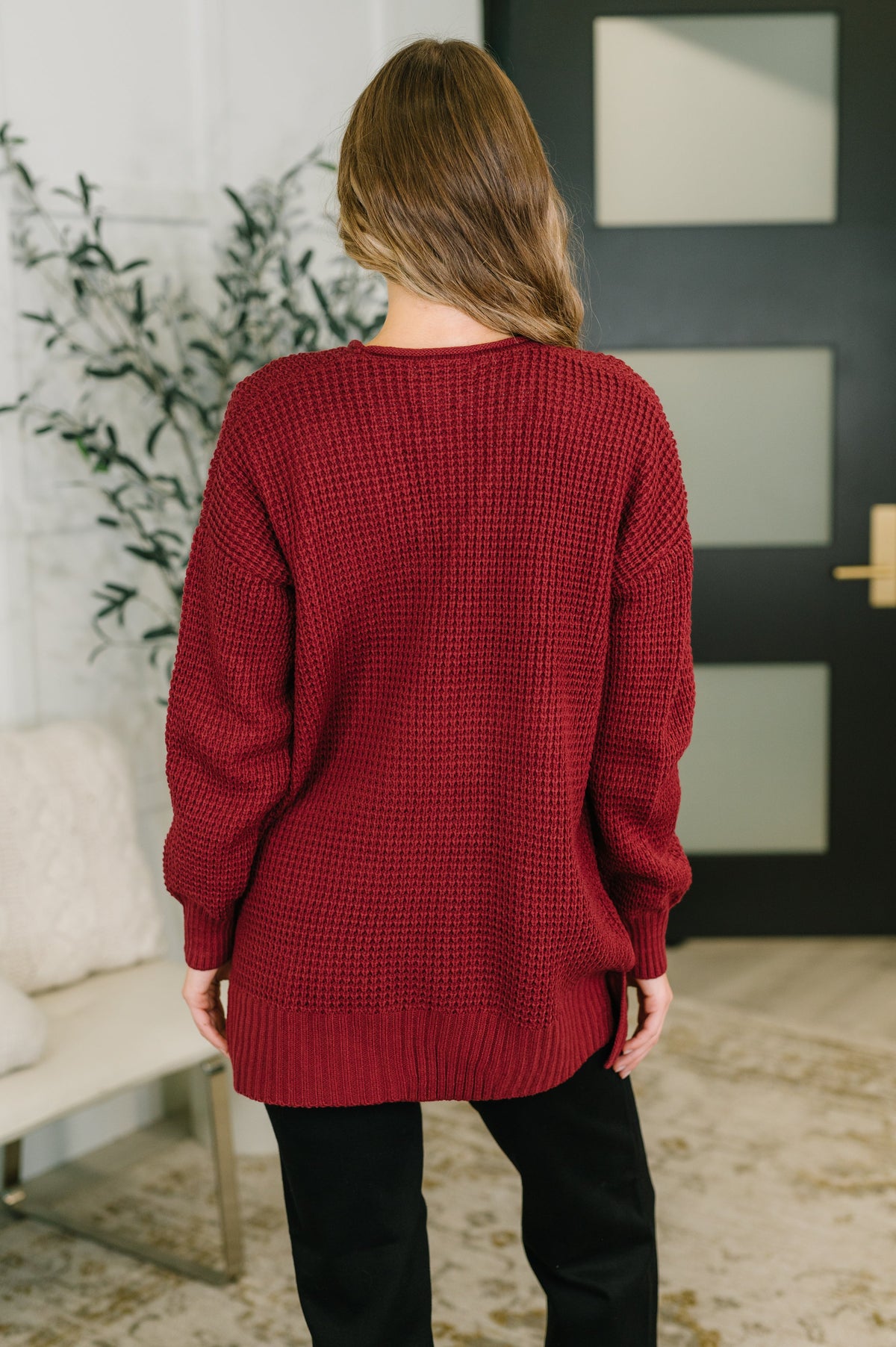 Everything Layer Waffle Knit Open Front Cardigan in Cabernet