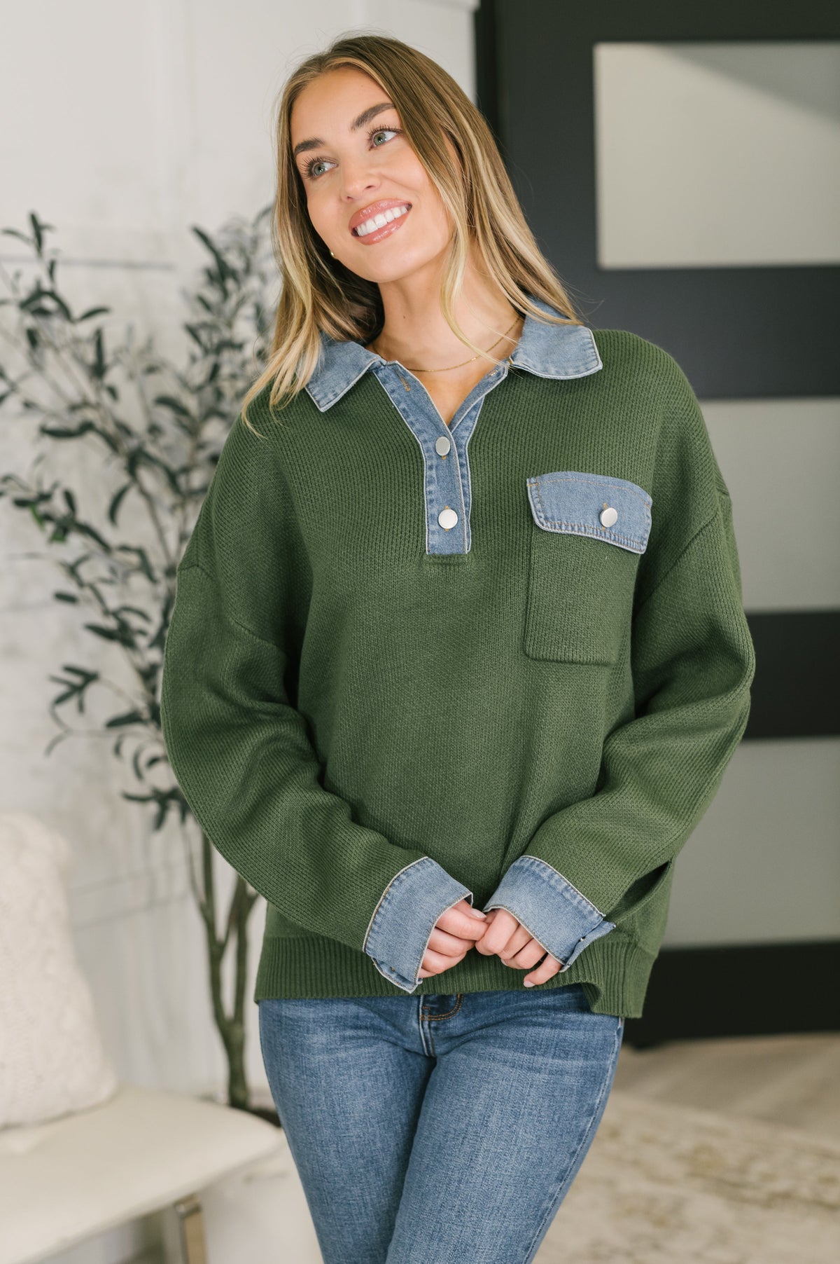 It's a Must Contrast Collared Sweater Top