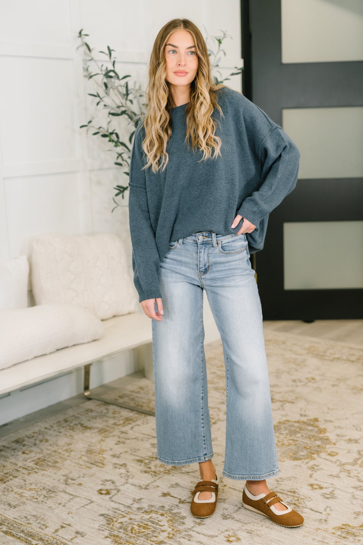 Off Hours Drop Shoulder Relaxed Pullover in Dusty Blue
