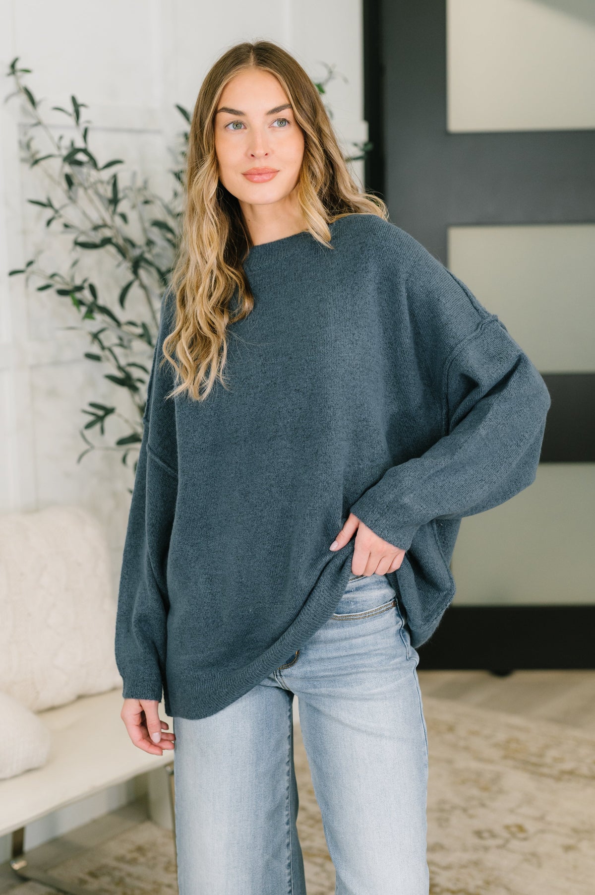 Off Hours Drop Shoulder Relaxed Pullover in Dusty Blue