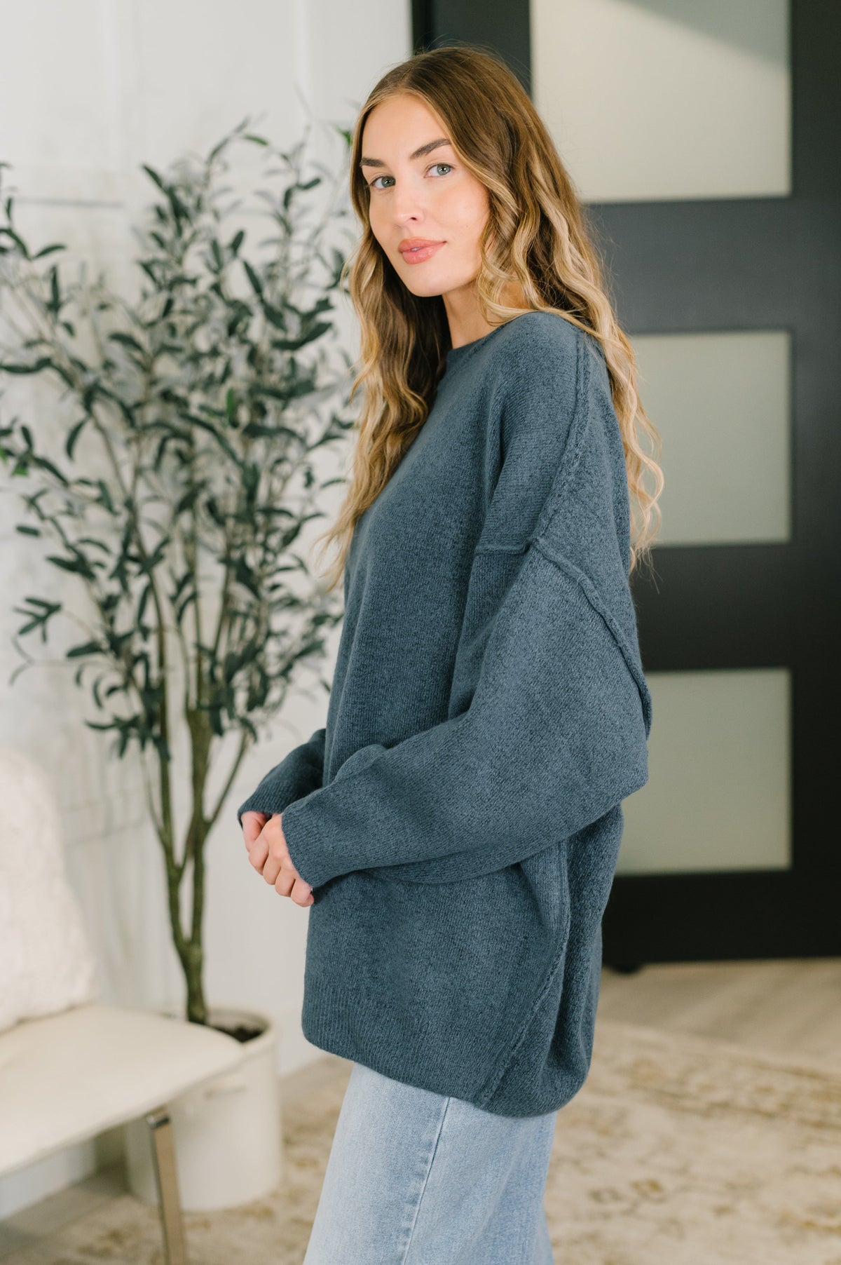Off Hours Drop Shoulder Relaxed Pullover in Dusty Blue