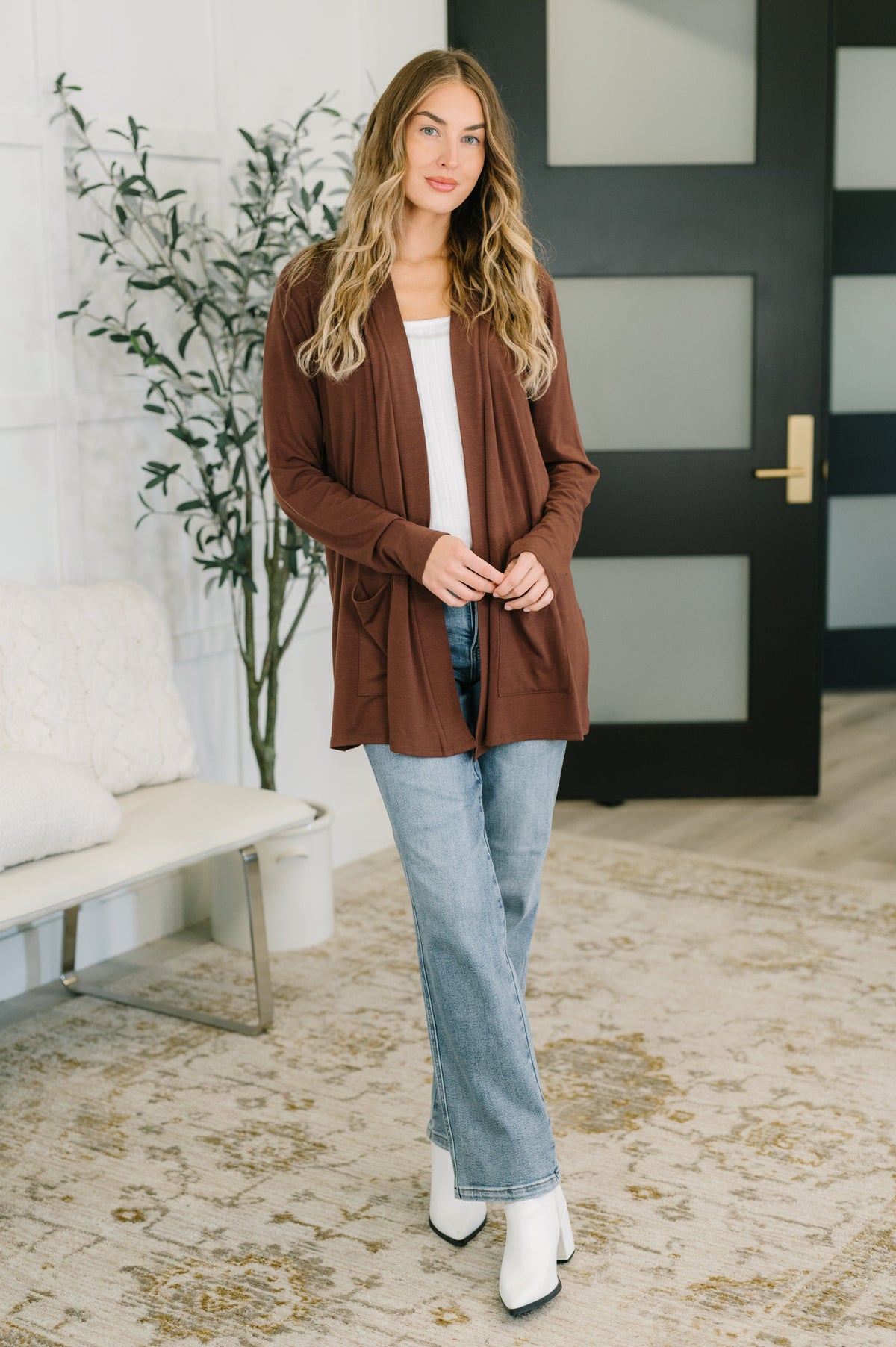 Open Options Open Front Cardigan in Brown