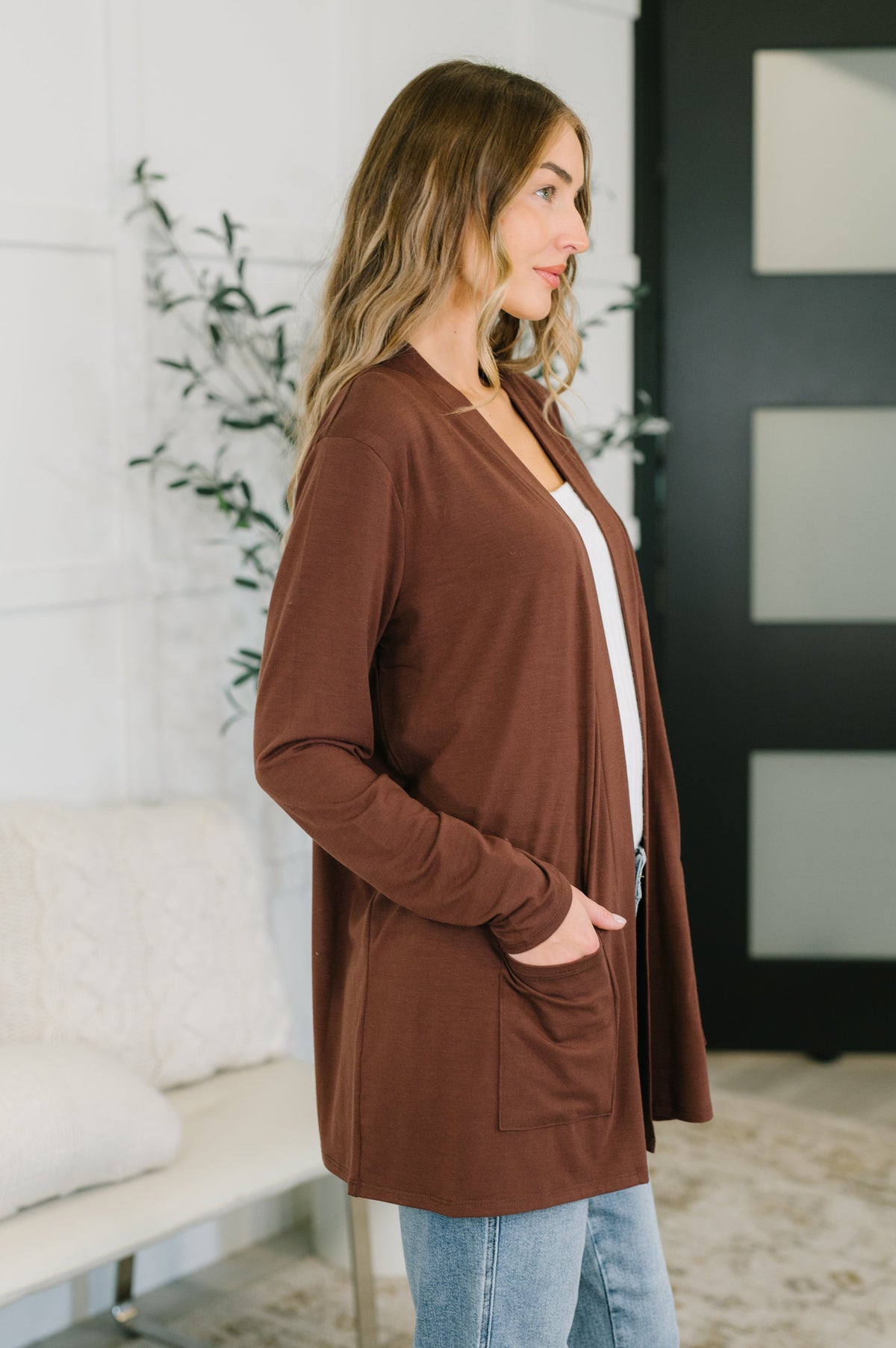 Open Options Open Front Cardigan in Brown