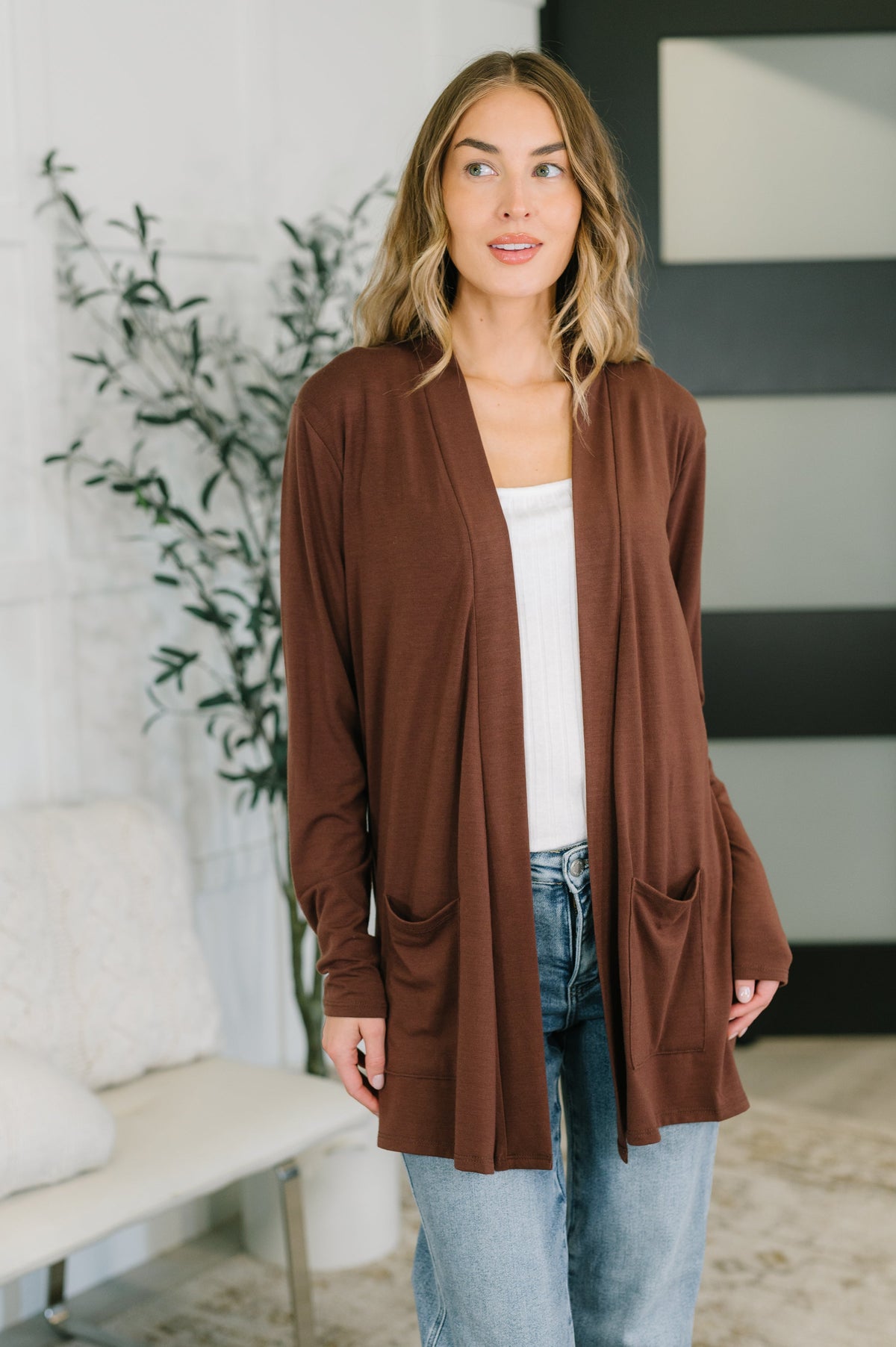 Open Options Open Front Cardigan in Brown