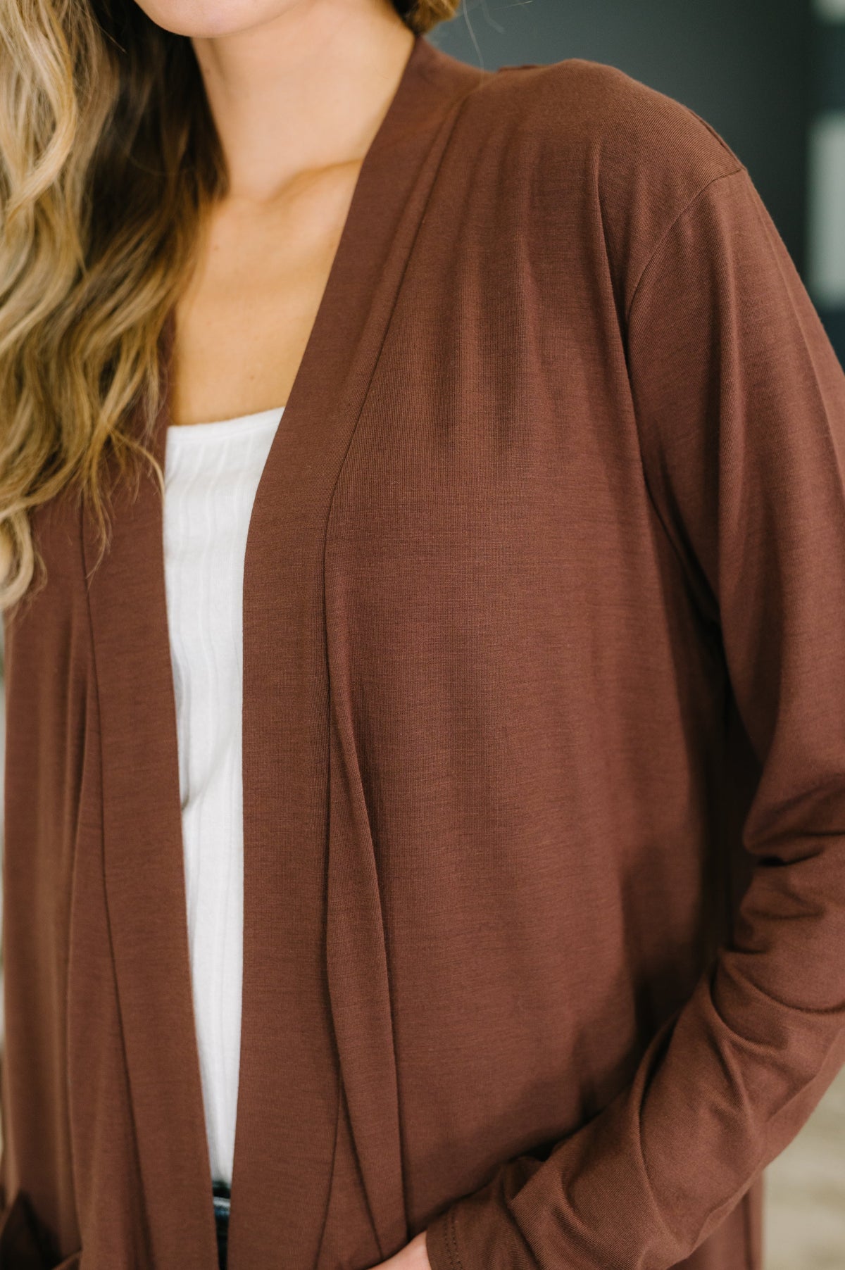 Open Options Open Front Cardigan in Brown