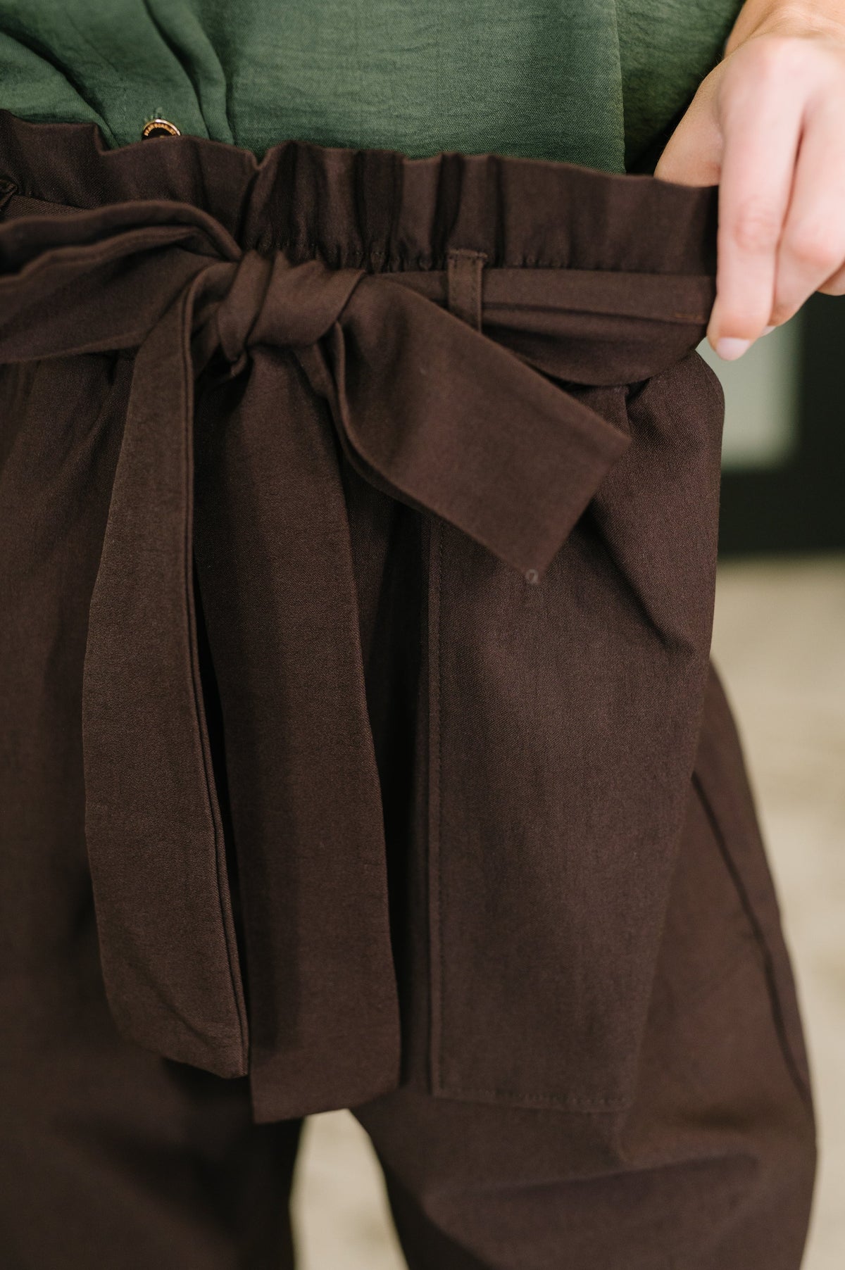 Paper Bag High Waist Belted Trousers in Espresso Brown
