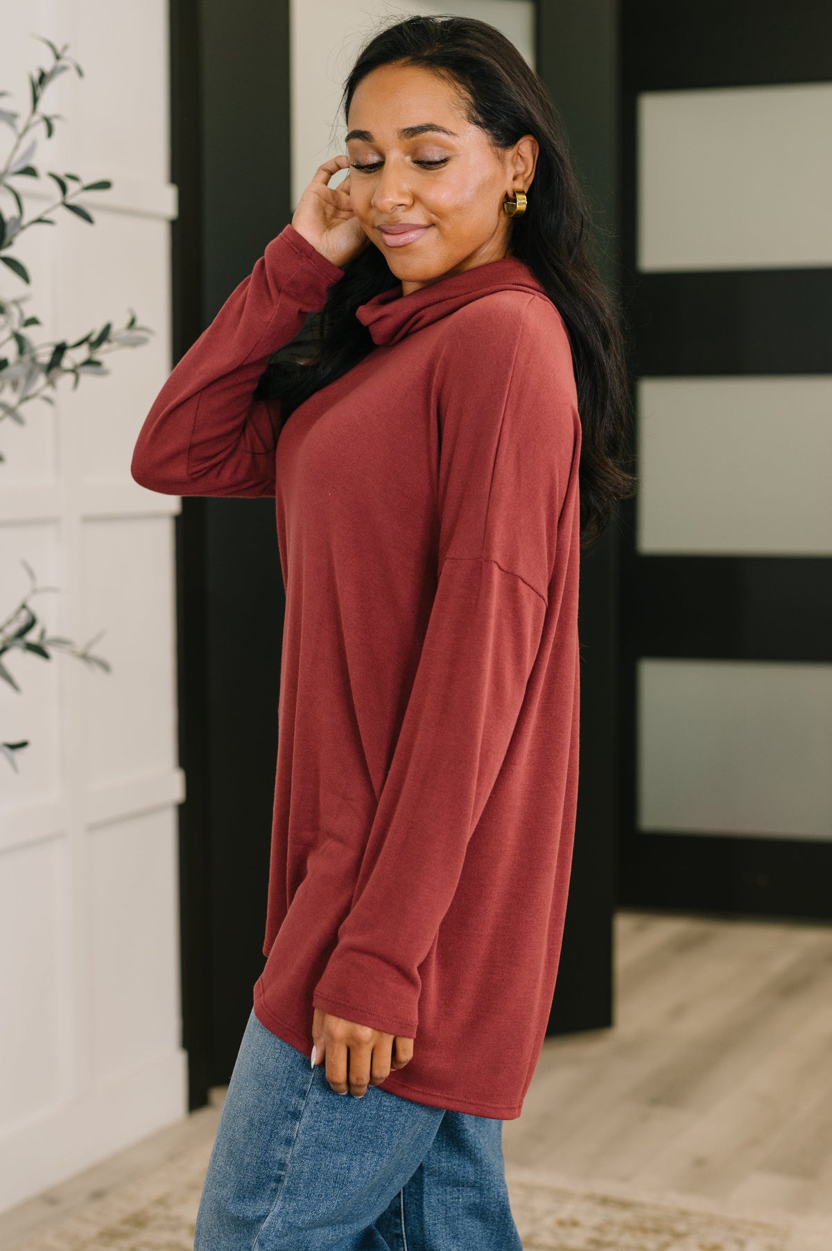Travel Destination Cowl Neck Pullover in Wine