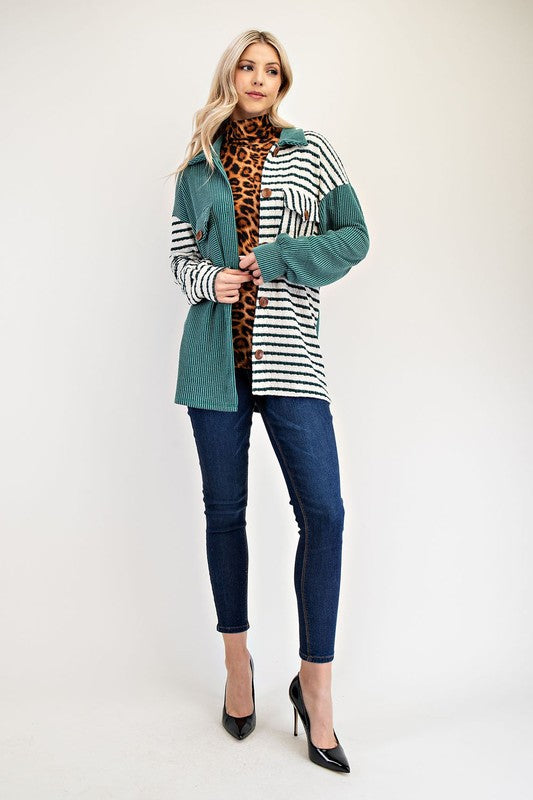 Celeste Full Size Striped Button Up Dropped Shoulder Shacket