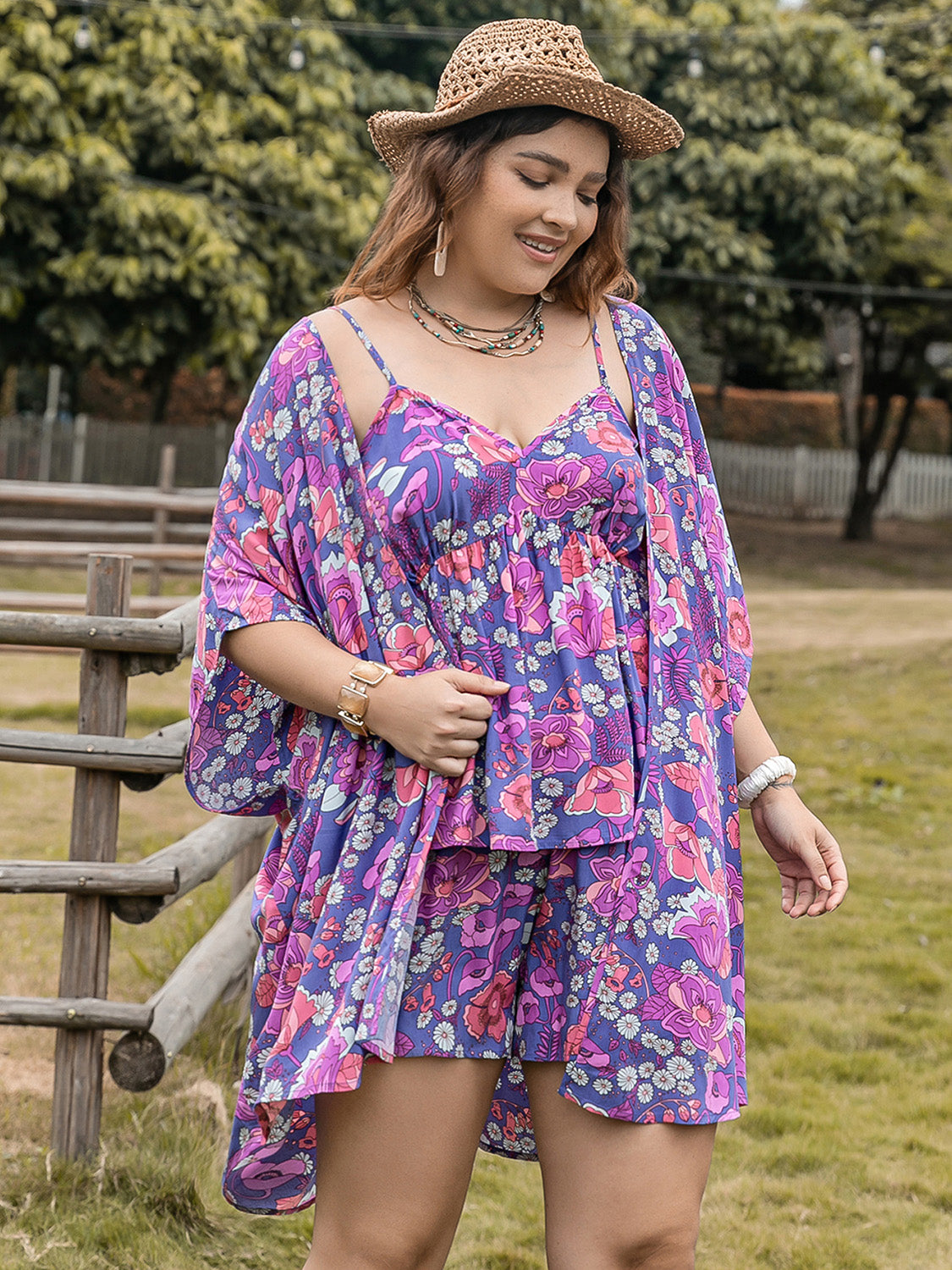 Plus Size Printed Cami, Open Front Cover Up and Shorts Set