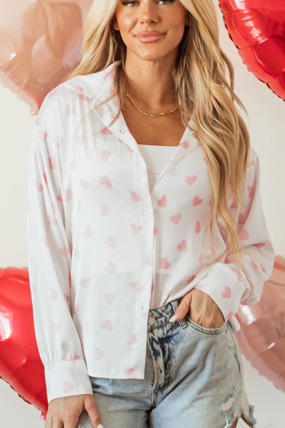 Heart Print Collared Neck Long Sleeve Shirt