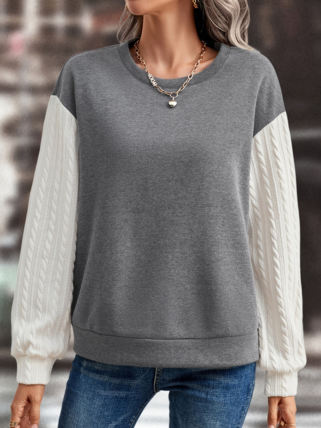 Contrast Round Neck Long Sleeve Sweatshirt