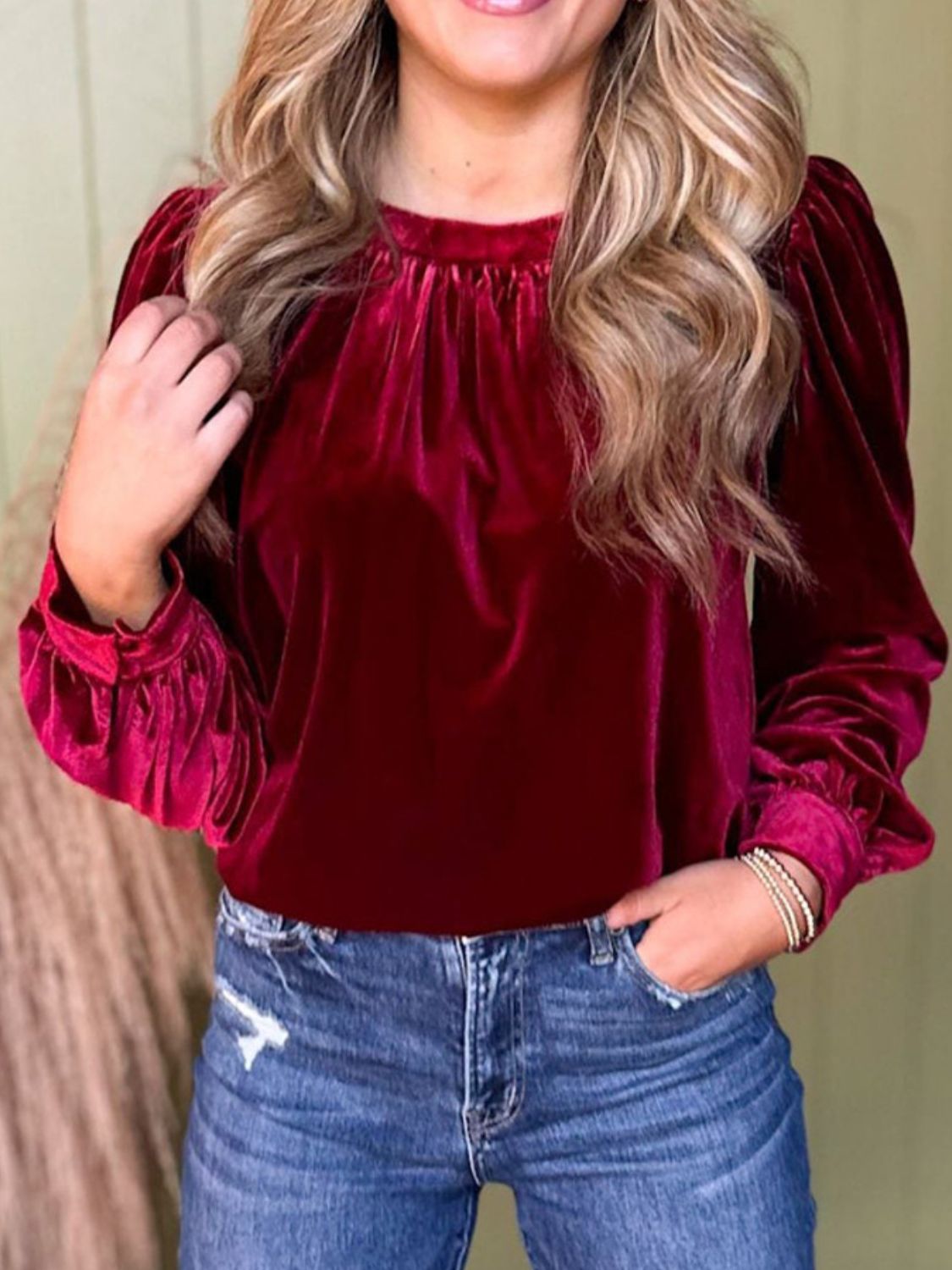 Ruched Round Neck Long Sleeve Blouse